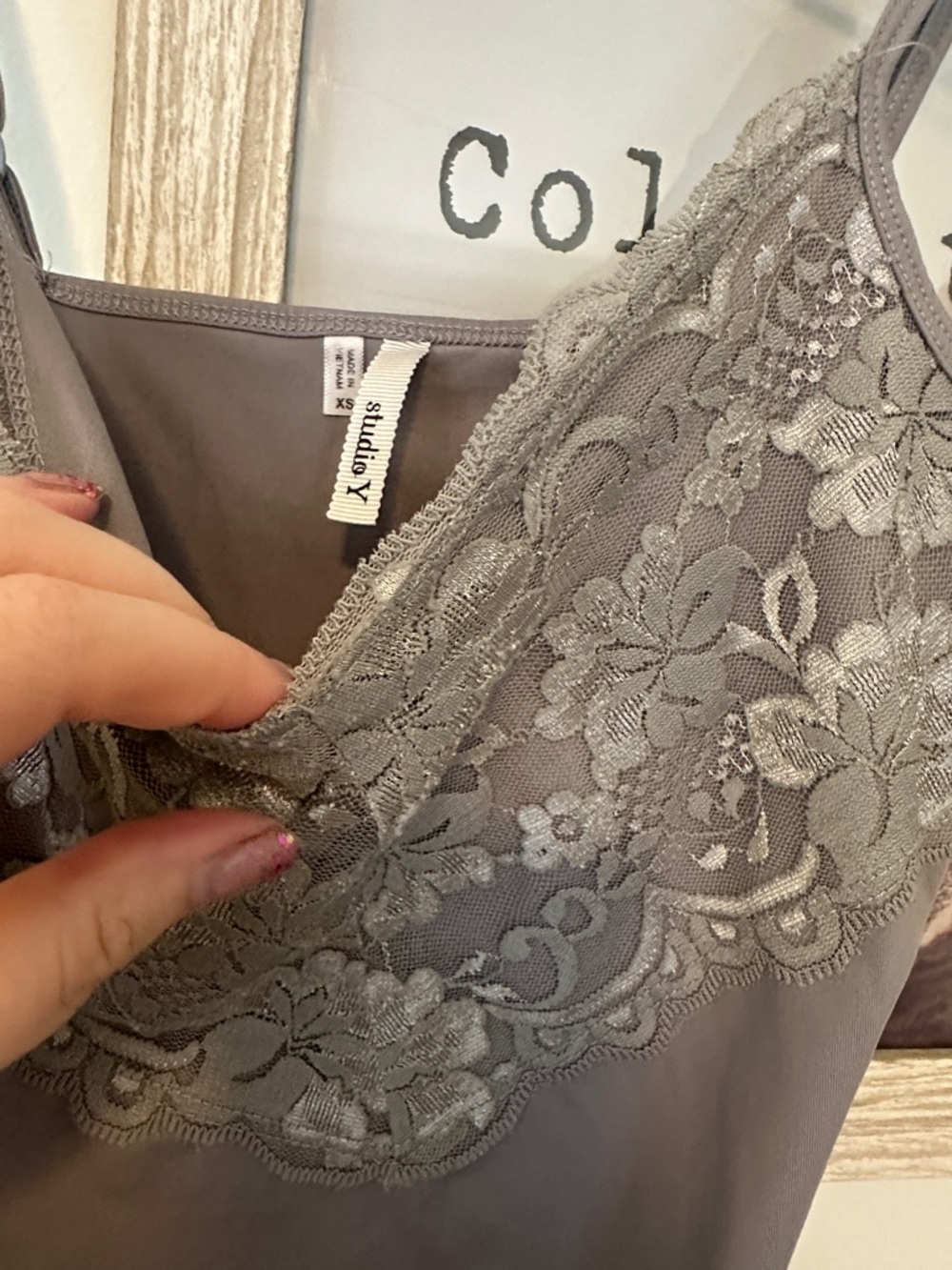 Size XSmall Studio Y Lace Trim Camisole Slip in Slate Gray - Picture 3 of 4